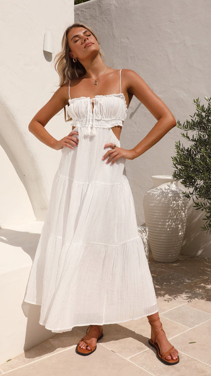 Ruched Ruffle Trim Tie Front Side Cut Out Tiered Spaghetti Strap Maxi Dress