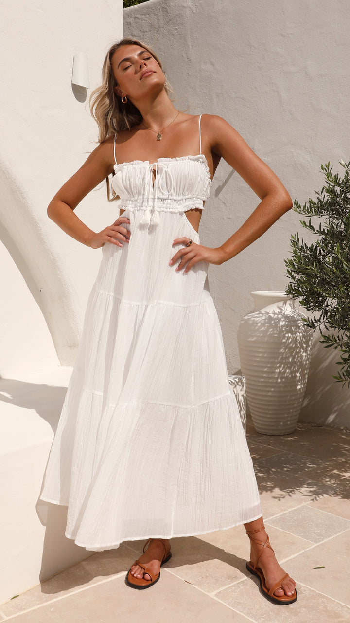 Spaghetti Strap Drawstring Tie Side Cut Out Tiered Maxi Dress