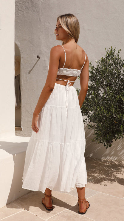 Spaghetti Strap Tie Front Side Cut Out Tiered Linen Look Midi Dress