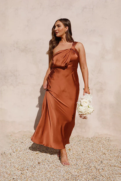 One-Shoulder Knotted Satin Column Maxi Gown