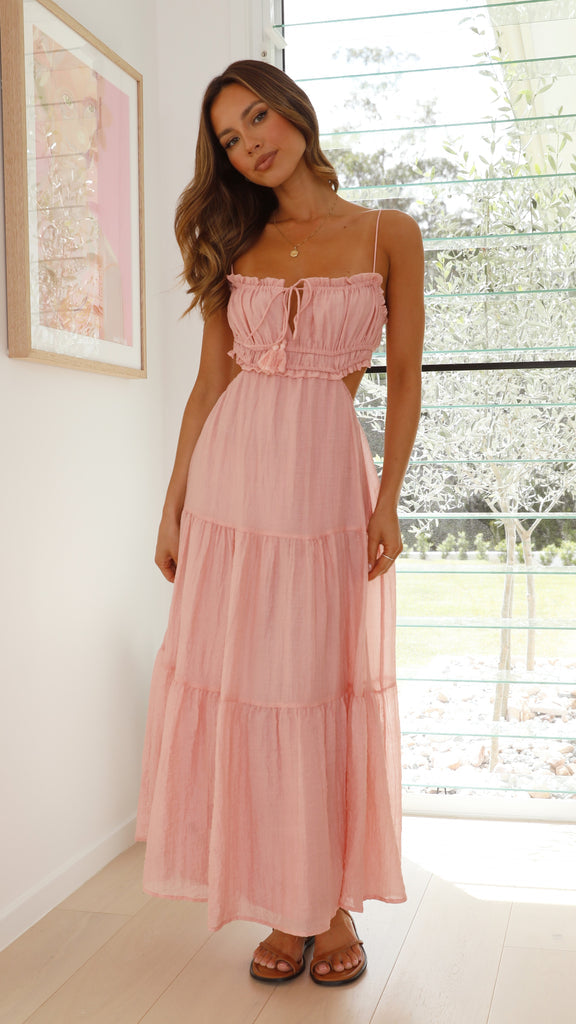 Ruched Ruffle Trim Tie Front Side Cut Out Tiered Spaghetti Strap Maxi Dress