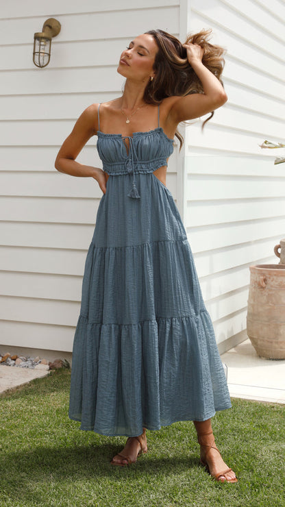 Ruched Ruffle Trim Tie Front Side Cut Out Tiered Spaghetti Strap Maxi Dress