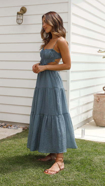 Ruched Ruffle Trim Tie Front Side Cut Out Tiered Spaghetti Strap Maxi Dress