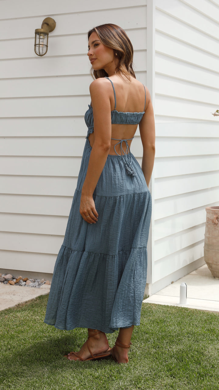 Ruched Ruffle Trim Tie Front Side Cut Out Tiered Spaghetti Strap Maxi Dress