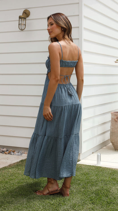 Ruched Ruffle Trim Tie Front Side Cut Out Tiered Spaghetti Strap Maxi Dress