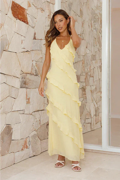 Halter Plunging V-Neck Cascading Ruffle Trim Floor Length Maxi Dress