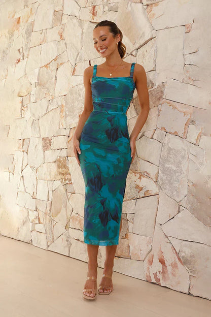 Abstract Watercolor Print Square Neck Ruched Side Cutout Bodycon Midi Dress