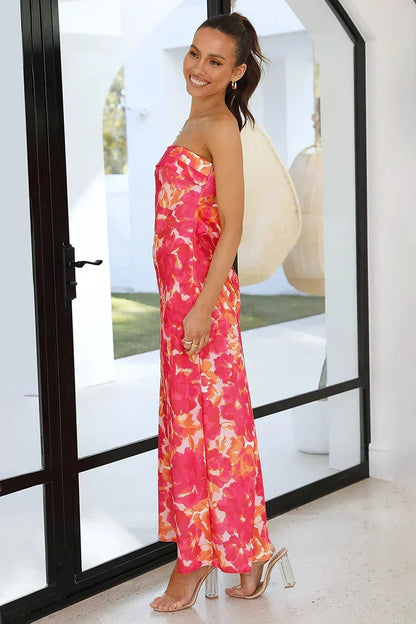 Strapless Foldover Neck Floral Print Tube Bodycon Maxi Dress