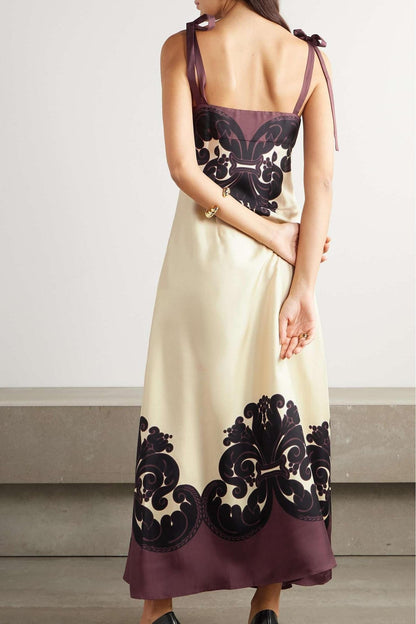 Tie Strap Deep V-Neck Damask Print Border Satin Slip Maxi Dress