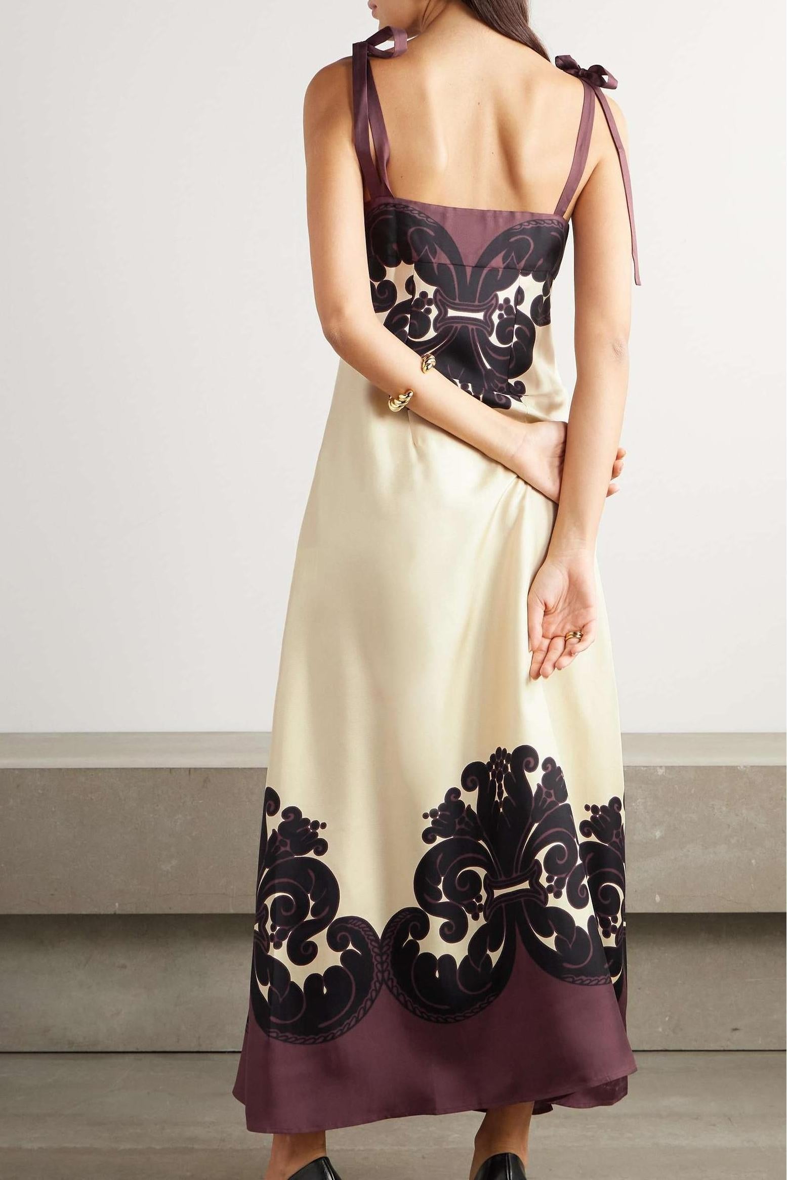 Baroque Scroll Print Tie Strap V-Neck High Slit Satin Midi Dress