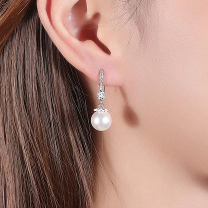 Women's CZ Pearl Drop Earrings – Elegant Silver Round Statement Jewelry