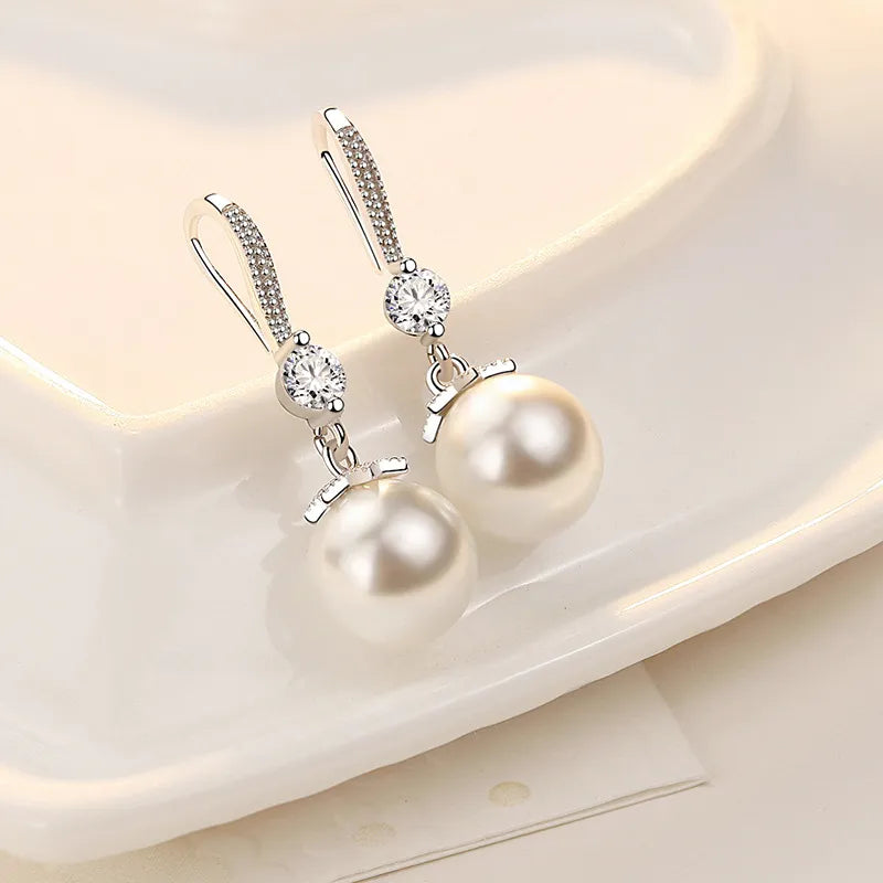Women's CZ Pearl Drop Earrings – Elegant Silver Round Statement Jewelry