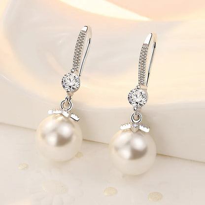 Women's CZ Pearl Drop Earrings – Elegant Silver Round Statement Jewelry
