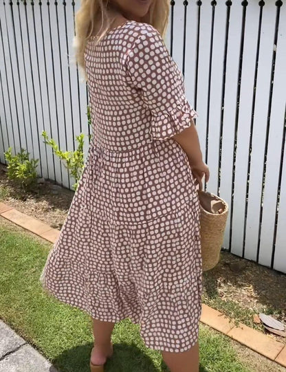Geometric Dot Print Round Neck Flutter Sleeve Tiered Midi Dress