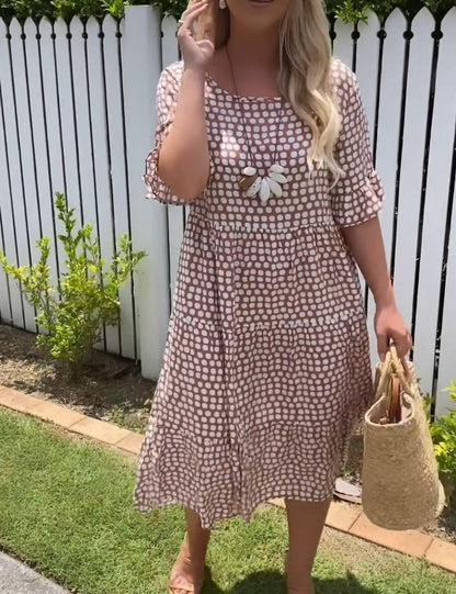 Geometric Dot Print Round Neck Flutter Sleeve Tiered Midi Dress