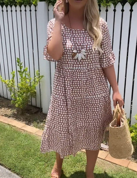 Geometric Dot Print Round Neck Flutter Sleeve Tiered Midi Dress