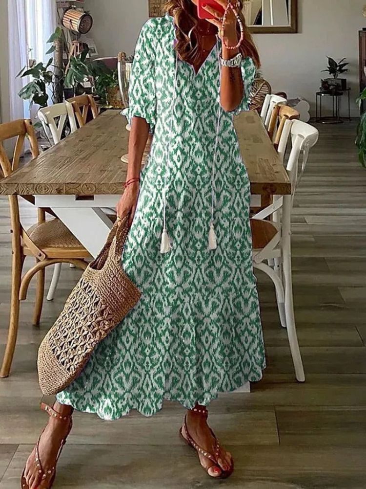 Paisley Print V-Neck Short Sleeve Scalloped Hem Relaxed Maxi Dress