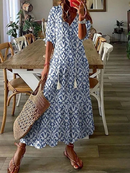 Paisley Print V-Neck Short Sleeve Scalloped Hem Relaxed Maxi Dress