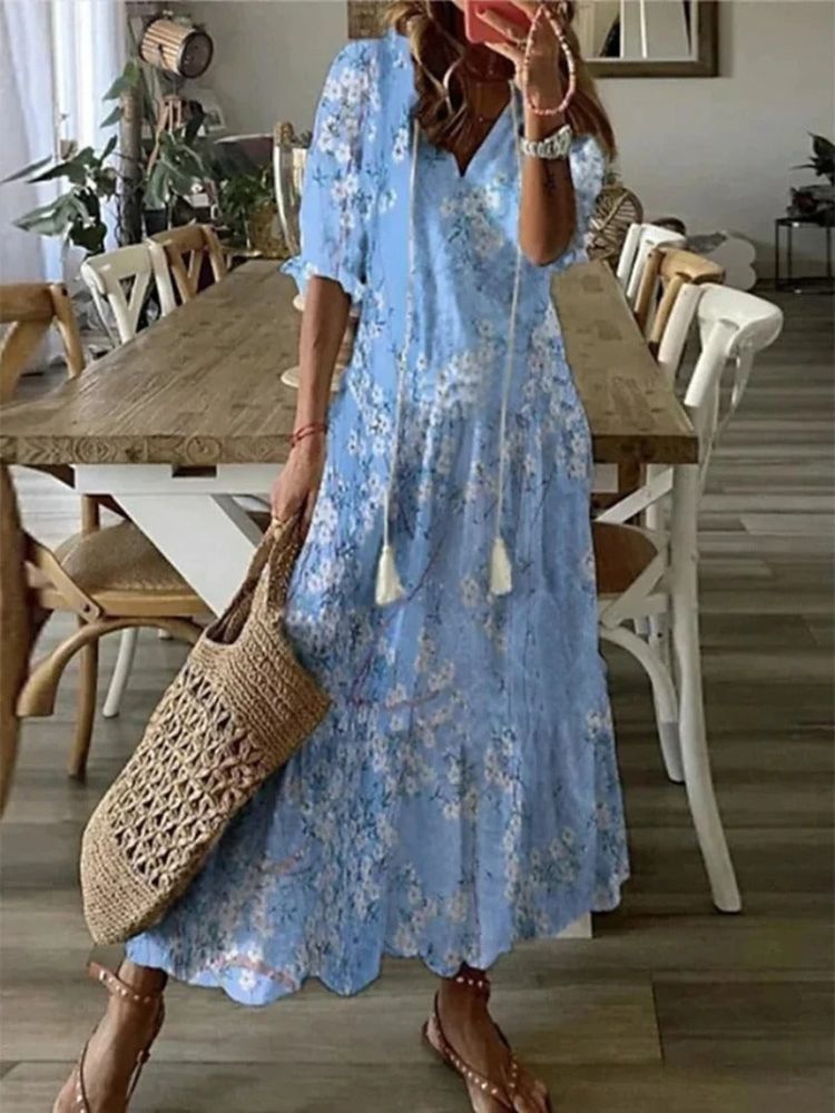 Paisley Print V-Neck Short Sleeve Scalloped Hem Relaxed Maxi Dress