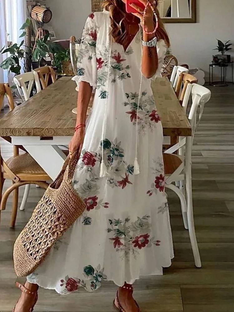Paisley Print V-Neck Short Sleeve Scalloped Hem Relaxed Maxi Dress