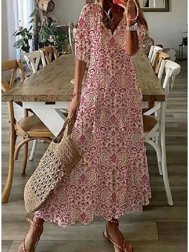 Paisley Print V-Neck Short Sleeve Scalloped Hem Relaxed Maxi Dress