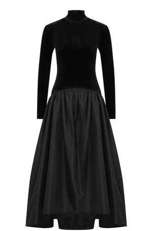 Velvet Turtleneck Long Sleeve Gathered Full Skirt Midi Dress