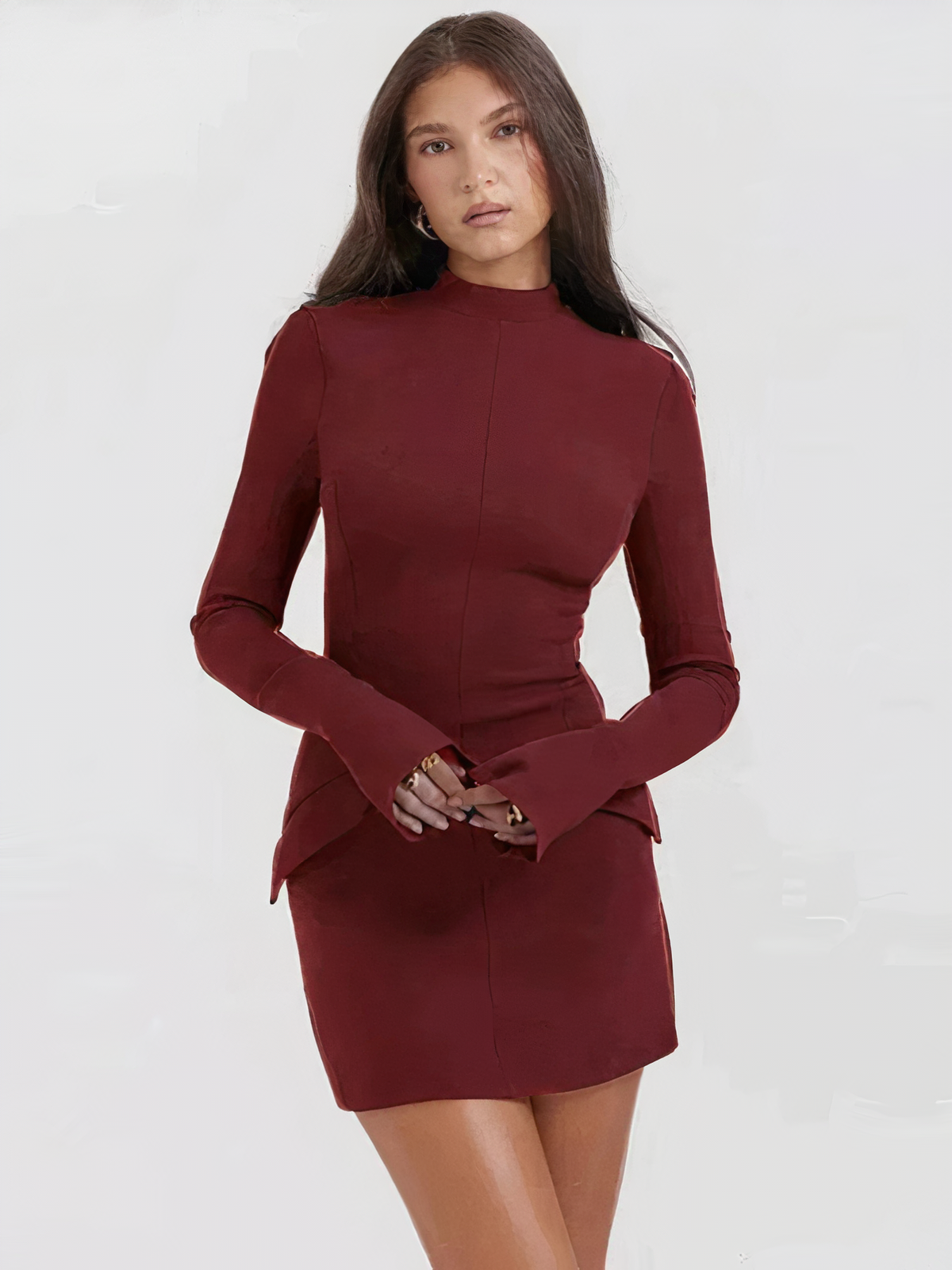 Mock Neck Panel Seam Flared Cuff Structured Bodycon Mini Dress