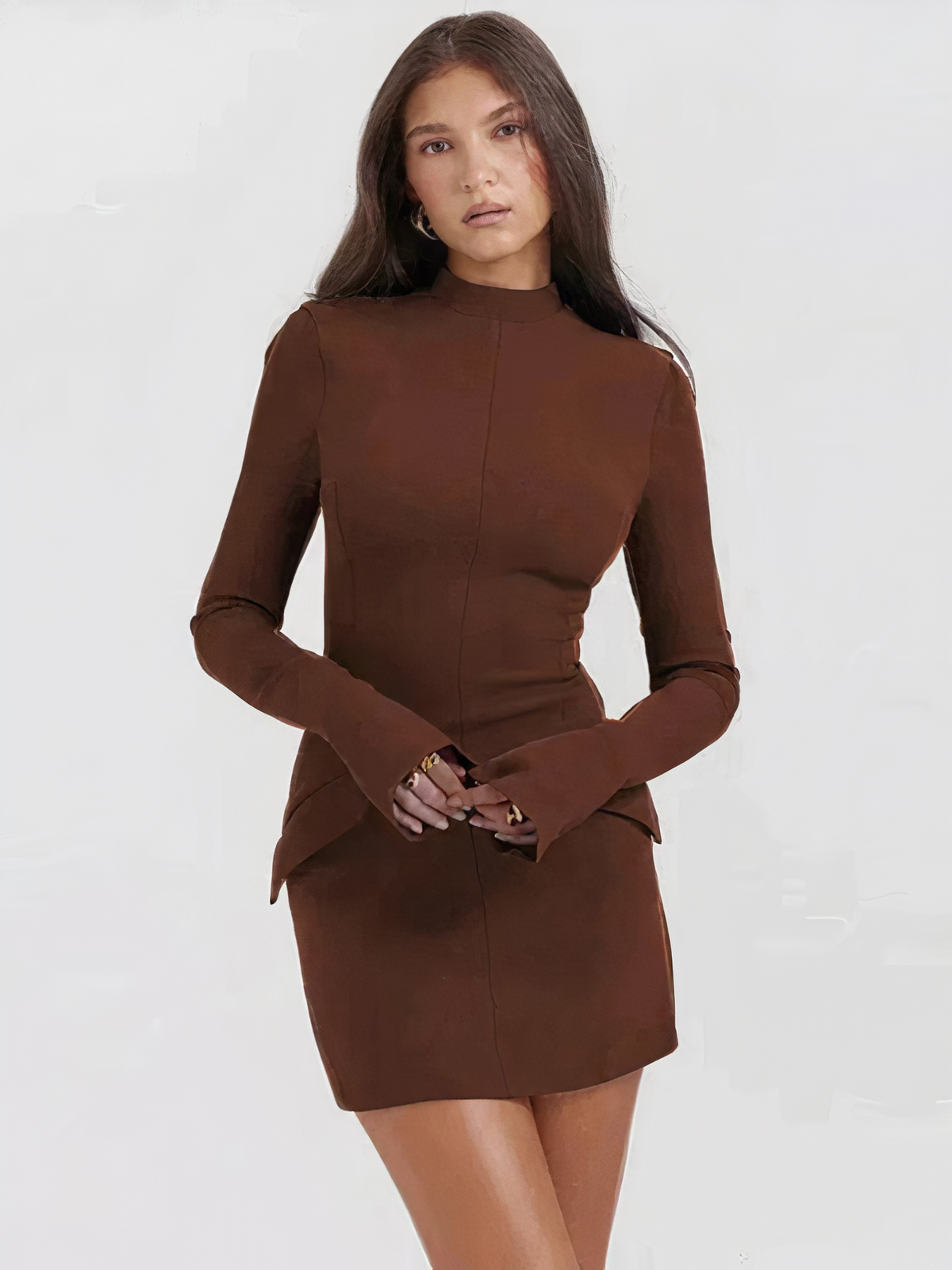 Mock Neck Panel Seam Flared Cuff Structured Bodycon Mini Dress