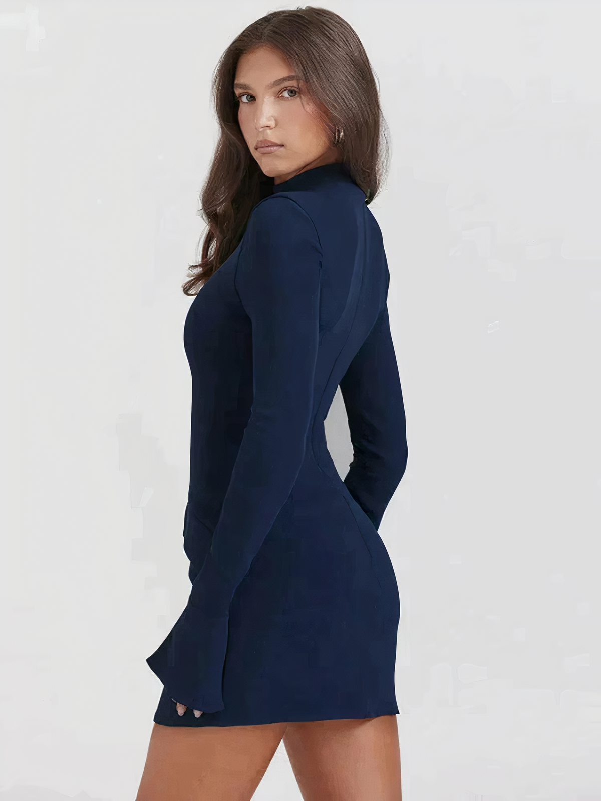 Mock Neck Panel Seam Flared Cuff Structured Bodycon Mini Dress