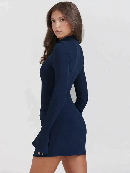 Mock Neck Panel Seam Flared Cuff Structured Bodycon Mini Dress