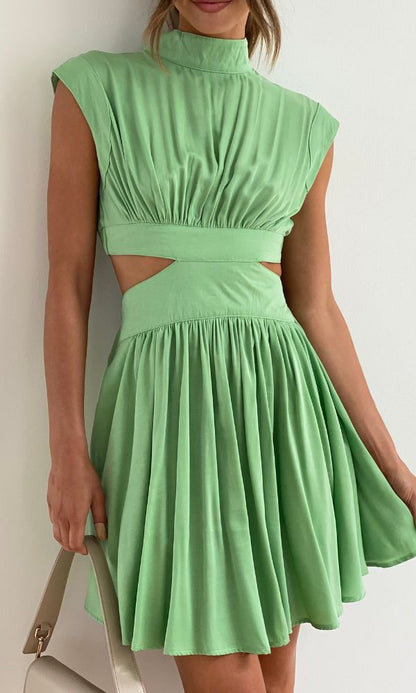 Satin Mock Neck Cap Sleeve Side Cut-Out Gathered Bodice Fit-and-Flare Mini Dress