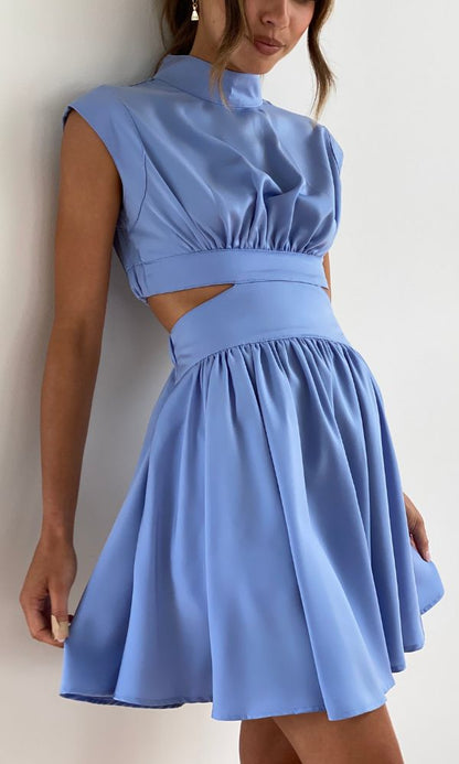 Satin Mock Neck Cap Sleeve Side Cut-Out Gathered Bodice Fit-and-Flare Mini Dress