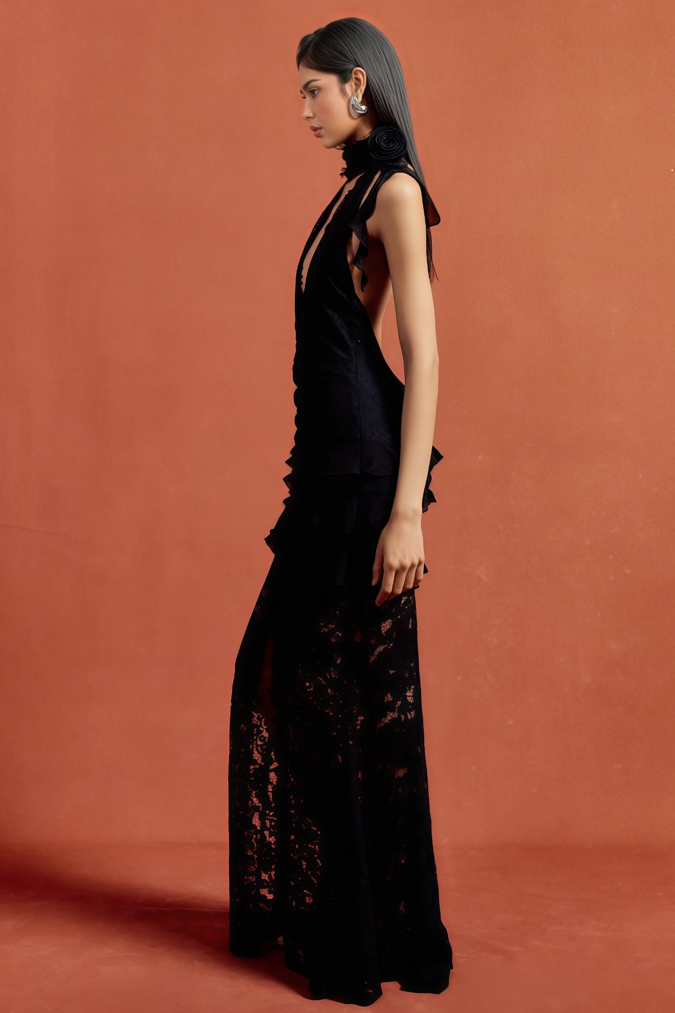 Acsence Lace Halter-Neck Maxi Dress