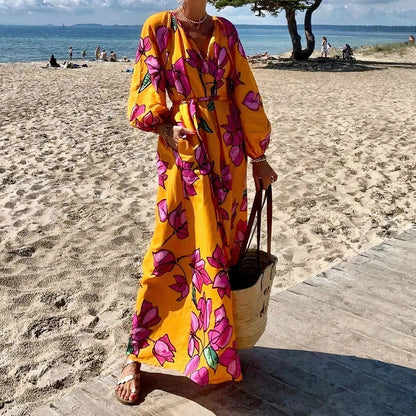Floral Print Deep V-Neck Balloon Sleeve Tie-Waist Pocket Maxi Dress