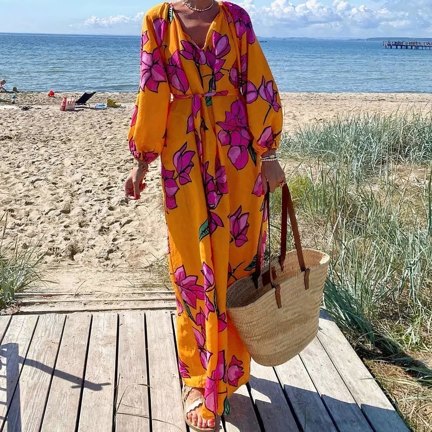 Floral Print Deep V-Neck Balloon Sleeve Tie-Waist Pocket Maxi Dress