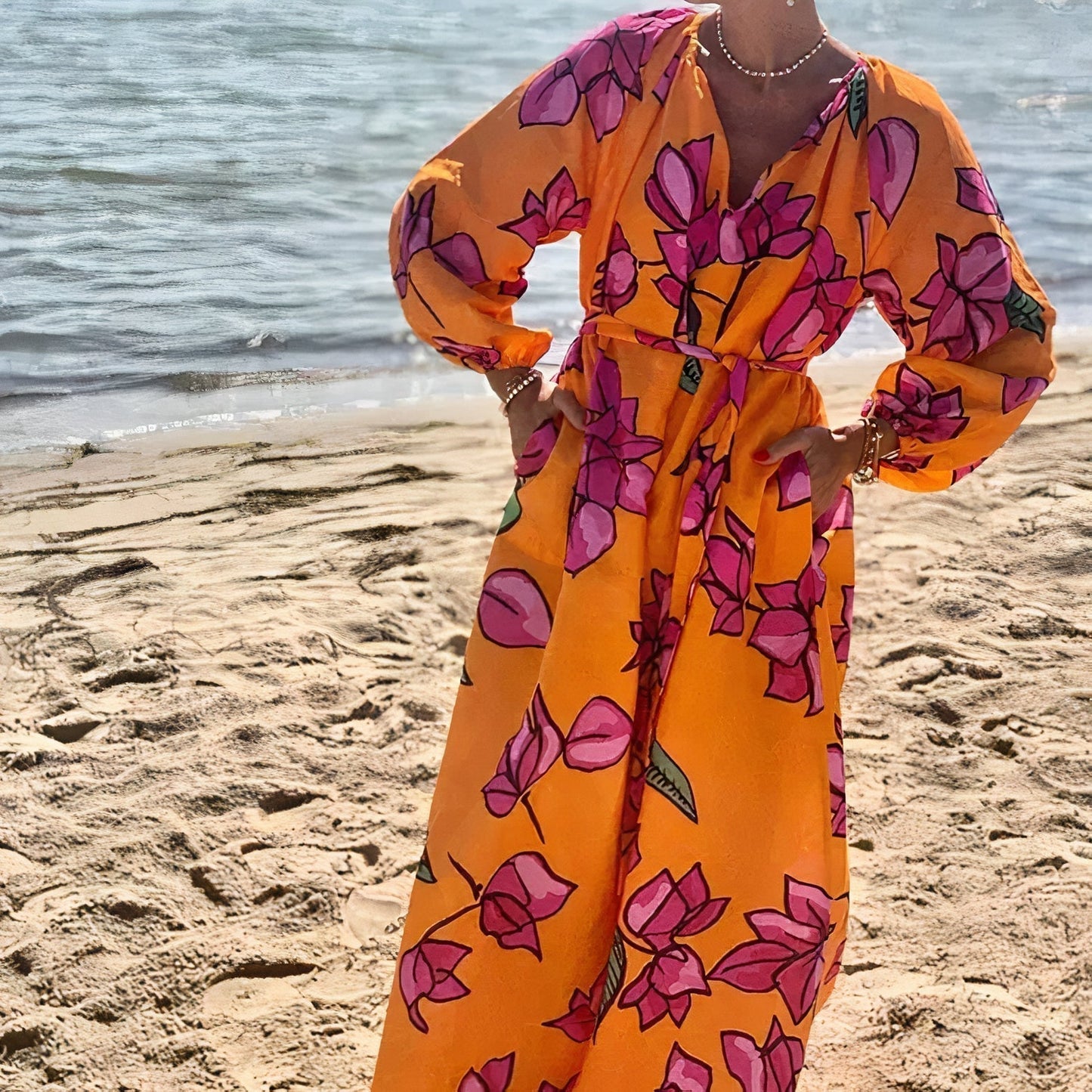 Floral Print Deep V-Neck Balloon Sleeve Tie-Waist Pocket Maxi Dress