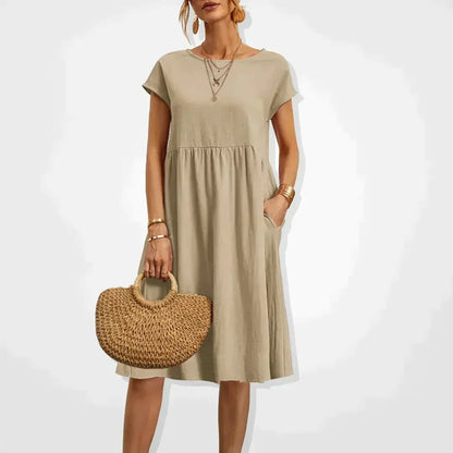 Short Sleeve Empire Waist Babydoll Pocket Midi Dress