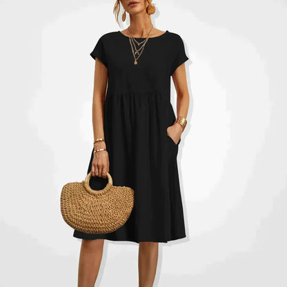 Short Sleeve Empire Waist Babydoll Pocket Midi Dress