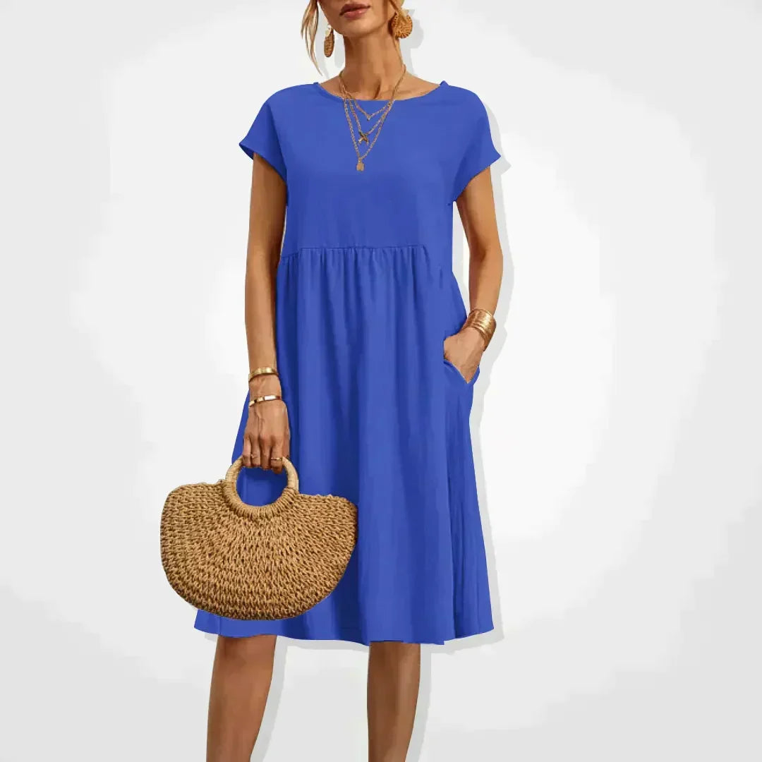 Short Sleeve Empire Waist Babydoll Pocket Midi Dress