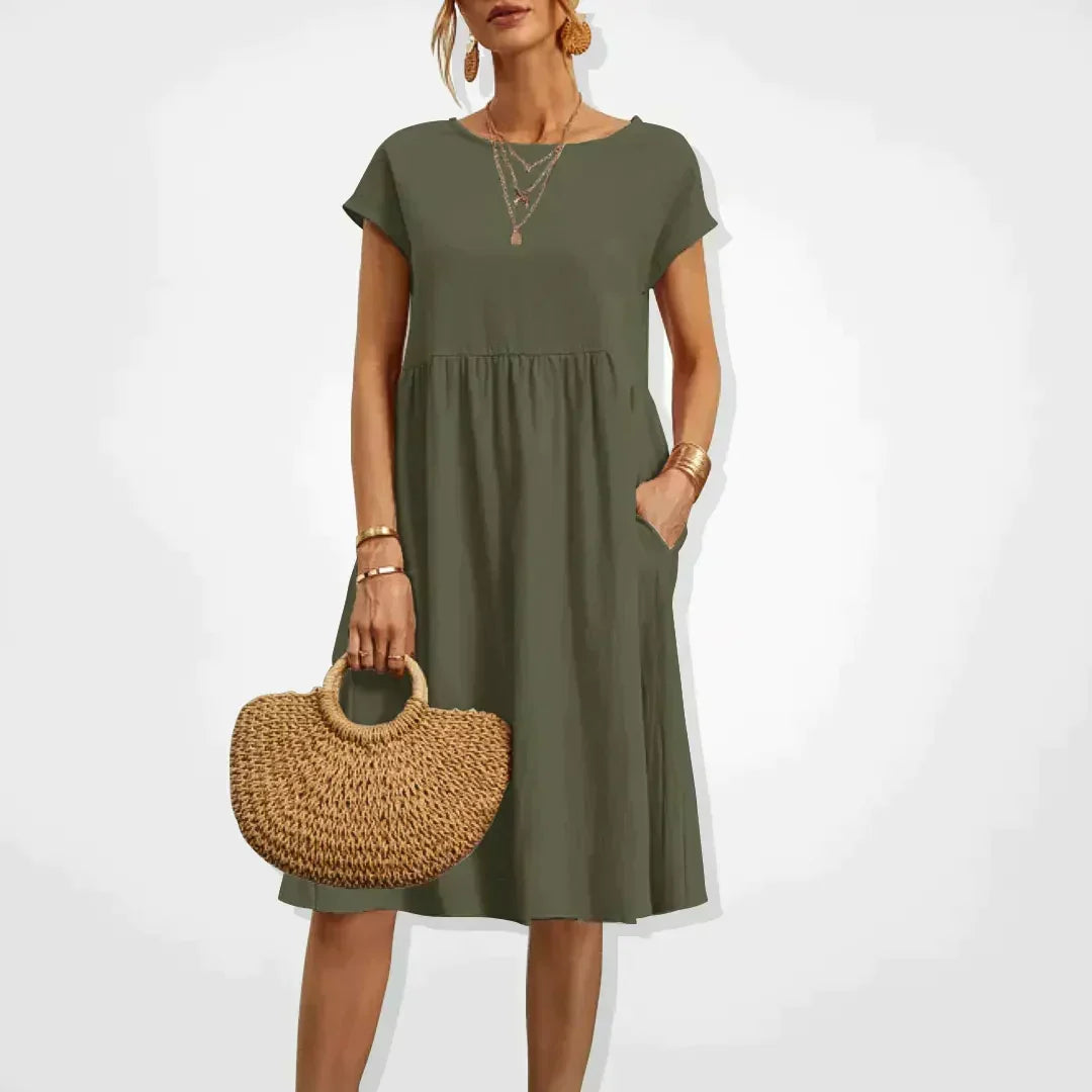 Short Sleeve Empire Waist Babydoll Pocket Midi Dress