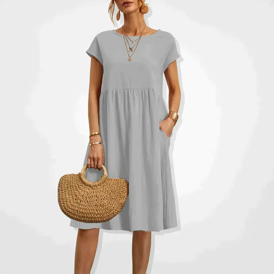 Short Sleeve Empire Waist Babydoll Pocket Midi Dress
