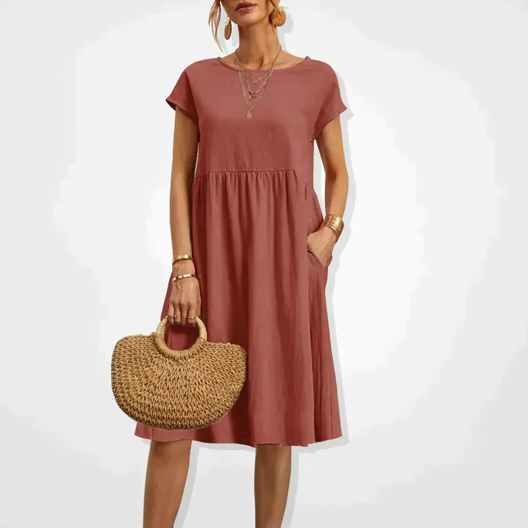 Short Sleeve Empire Waist Babydoll Pocket Midi Dress
