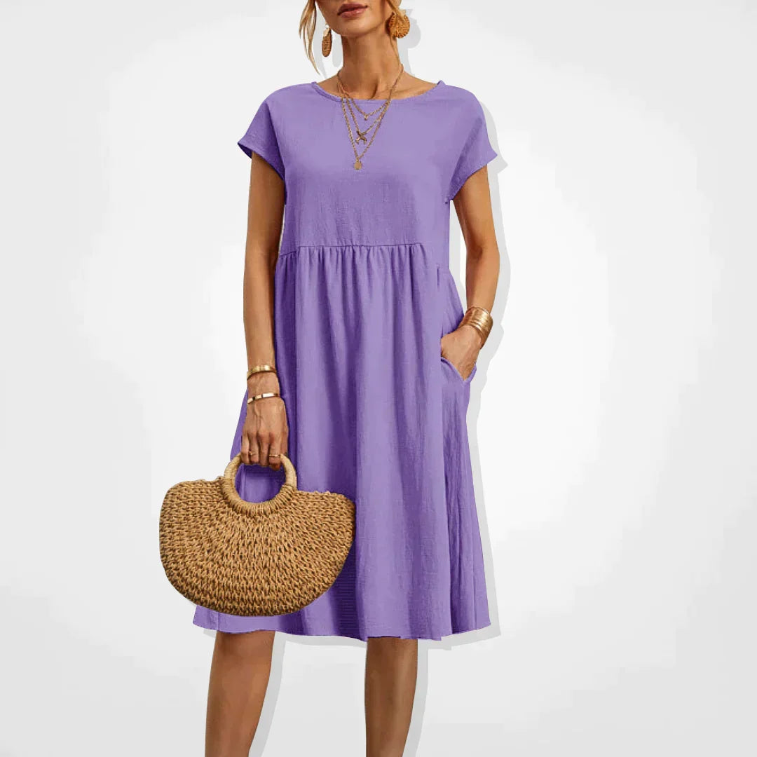Short Sleeve Empire Waist Babydoll Pocket Midi Dress