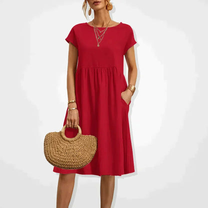 Short Sleeve Empire Waist Babydoll Pocket Midi Dress