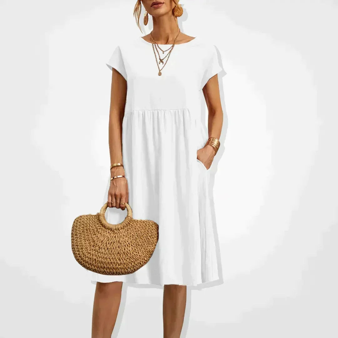 Short Sleeve Empire Waist Babydoll Pocket Midi Dress