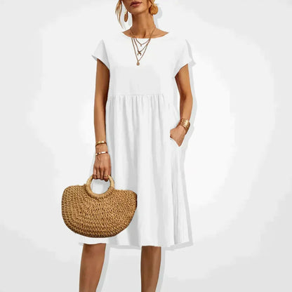 Short Sleeve Empire Waist Babydoll Pocket Midi Dress