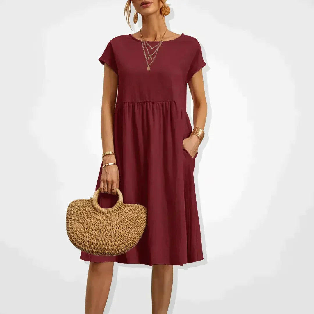 Short Sleeve Empire Waist Babydoll Pocket Midi Dress