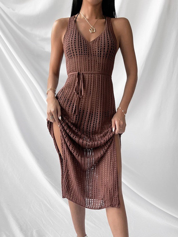 Hollow-out Solid Color Midi Dress For Women