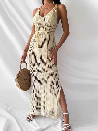 Hollow-out Solid Color Midi Dress For Women