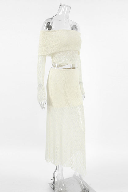 Lace Boat Neck Crop Top Skirt Suits